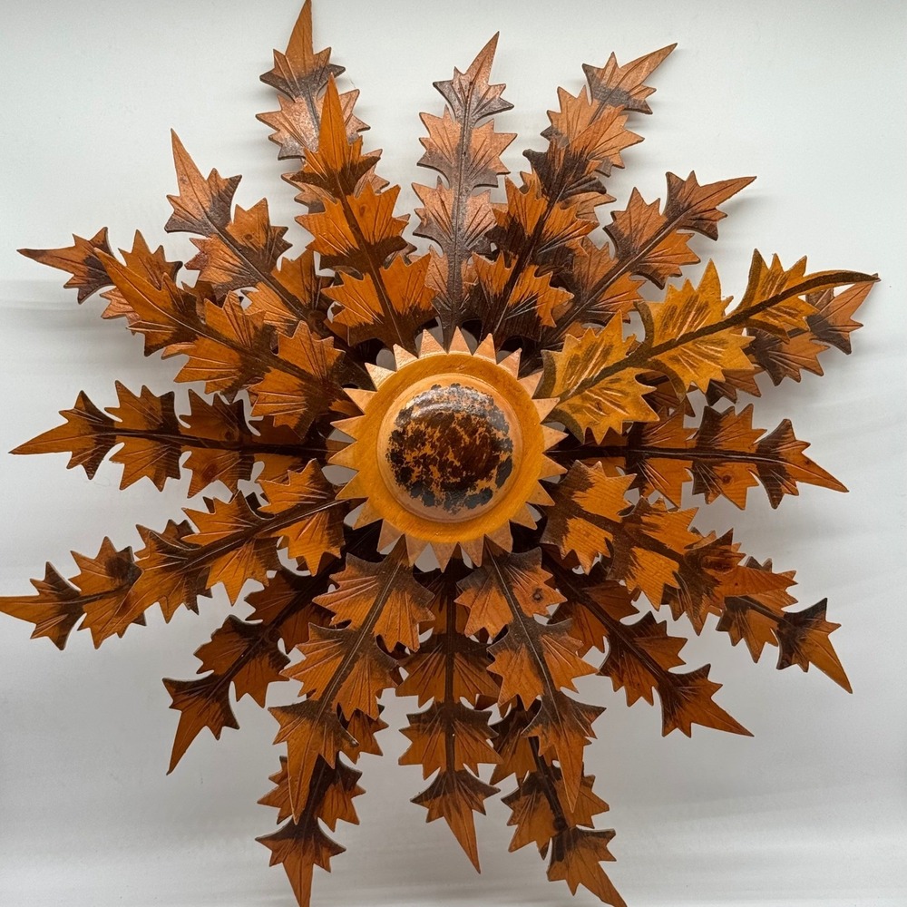 Vintage Polish Folk Art Carved Wood Sunflower Sunburst Wall Sculpture 24" Poland